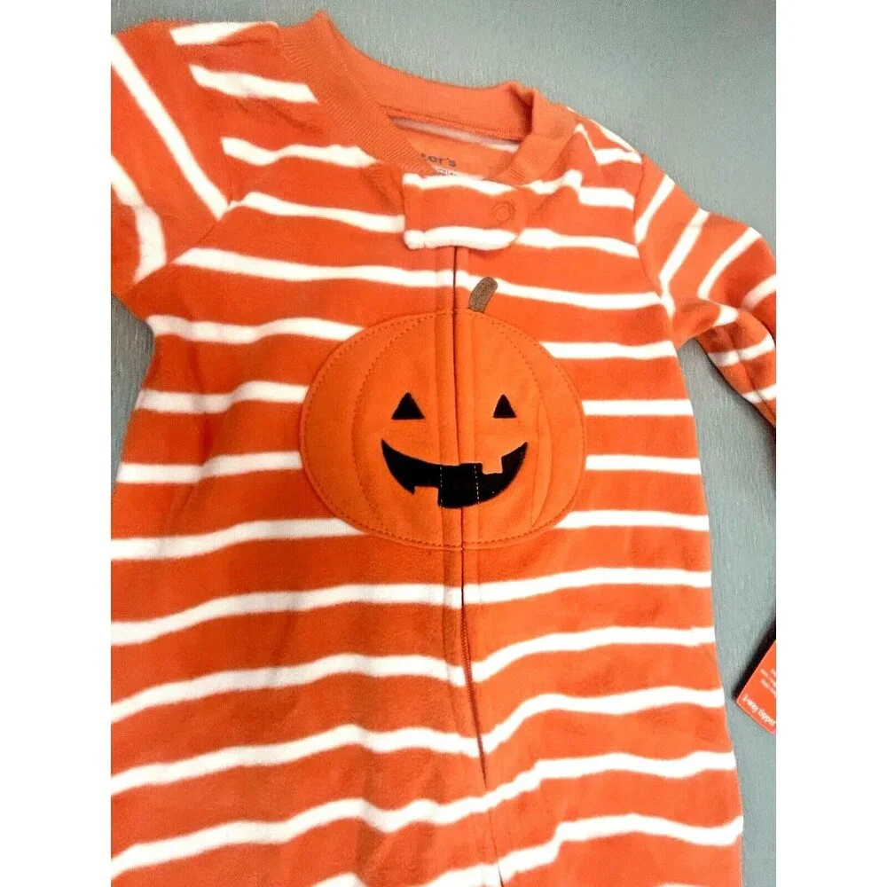 Carters Romper Baby Halloween Footed Orange Stripe Pumpkin Face Fleece Zipper 6M